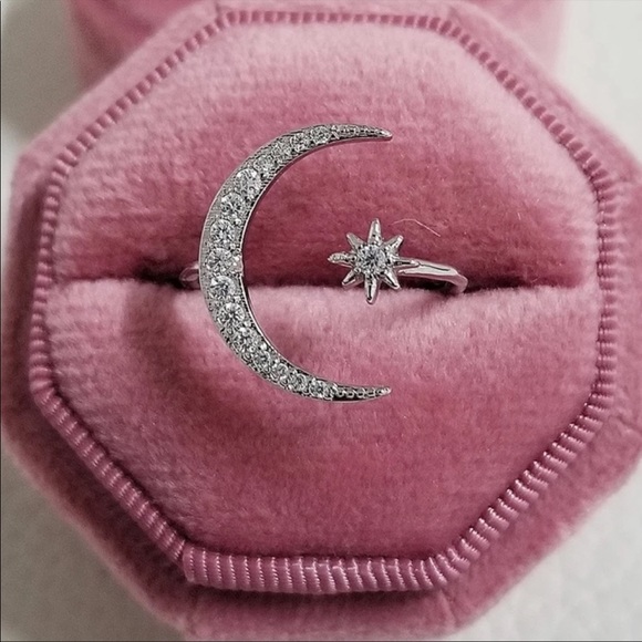 ADJUSTABLE 925 SILVER DIAMOND STAR MOON RING - Picture 3 of 8